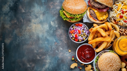 Collection of junk food with copy space. Healthy food concept photo