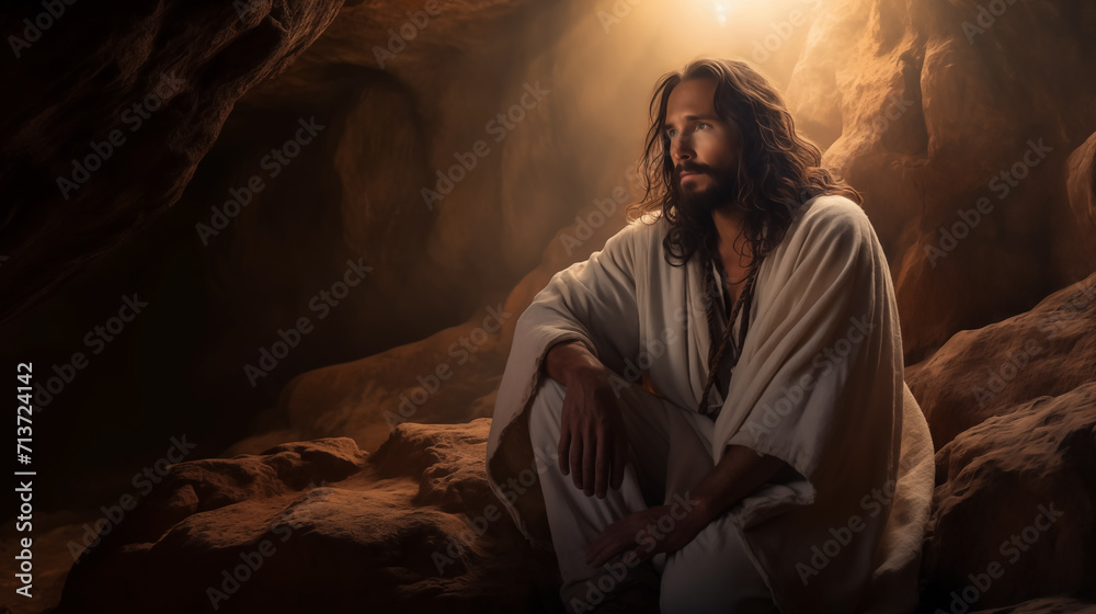 Jesus Christ rising from the dead on the third day in the tomb. Dead and resurrection concept for Easter Sunday and Christianity. Christ died and rose on the third day. Miracles of Jesus.