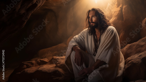 Jesus Christ rising from the dead on the third day in the tomb. Dead and resurrection concept for Easter Sunday and Christianity. Christ died and rose on the third day. Miracles of Jesus. photo