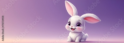 A Cute Baby Cartoon Little Rabbit, Radiating Joy on a Light Purple Canvas, Gazing Up with a Heartwarming Smile