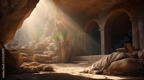 Jesus Christ resurrection. Empty tomb of Jesus with light. Born to die, born to rise. He is not here he is risen. savior, messiah, redeemer, gospel, Easter day or resurrection of jesus christ concept