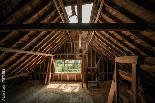 The inside of a wooden house with a roof. Generative AI © May