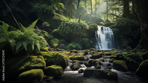 Beautiful waterfall in green forest, Hidden woodland waterfall, cascading over moss-covered rocks, surrounded by a carpet of ferns and towering evergreens, evoking a sense of awe, beautiful nature