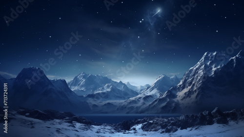 Night landscape. Starry sky over the mountains. glistening under the soft light of a full moon, with stars sprinkled across the night sky, wondrous, awe, stargazing, majestic