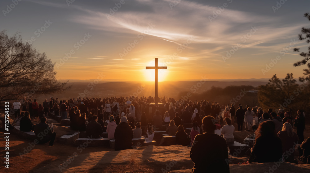 Organize a community sunrise service to celebrate the resurrection of Jesus Christ. Silhouette of christian prayers while praying to the Jesus. Christians prayed together in the church on sunrise sky - obrazy, fototapety, plakaty 