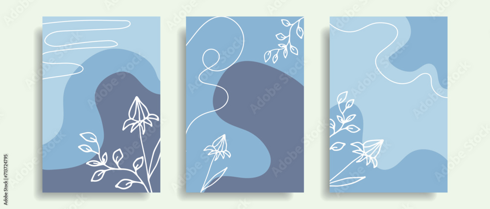 A set of minimalistic backgrounds with hand-drawn flowers. Blue backgrounds.