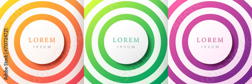 Set of radial circles orange, green, purple and white background with copy space. Collection of geometric pedestal or podium in top view design. Trendy color round frames product display. Vector EPS10