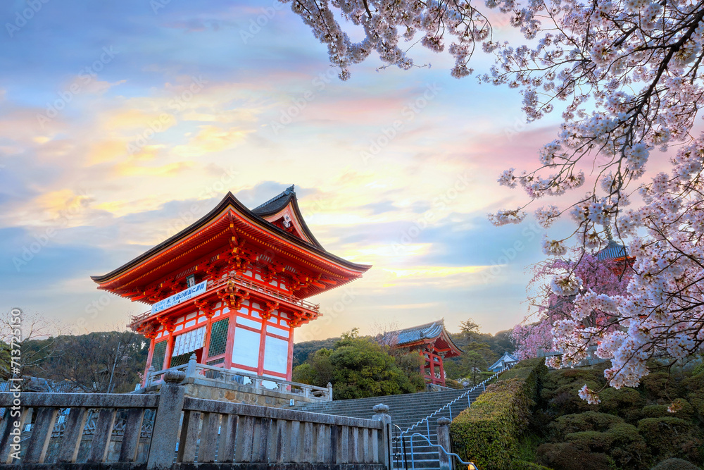 Fototapeta premium Kiyomizu-dera temple sunrise during full bloom cherry blossom in Kyoto, Japan