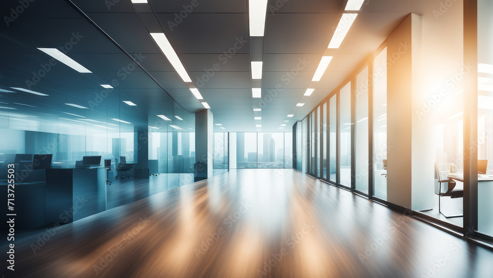 Abstract blurred interior modern hall space with business and empty space, people working, panoramic windows, and beautiful lighting background blur in business concept.