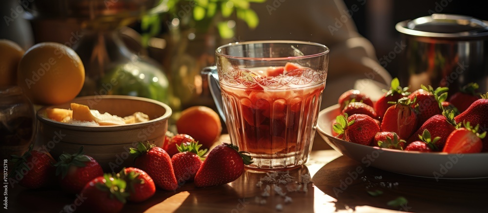 view of hand making juice making tomato juice with blender machine on kitchen table