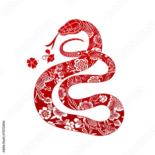 Silhouette in the shape of red animal designations snake, woodcut prints, cultural symbolism, China New Year celebration isolated PNG