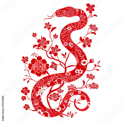 Silhouette in the shape of red animal designations snake, woodcut prints, cultural symbolism, China New Year celebration isolated PNG