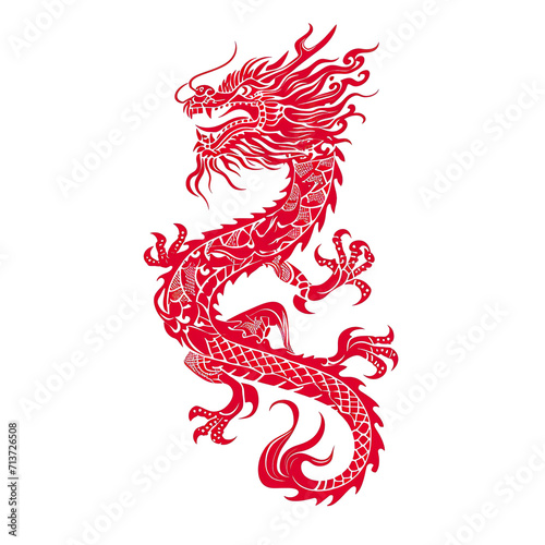 Silhouette in the shape of red animal designations Dragon, woodcut prints, cultural symbolism, China New Year celebration isolated PNG