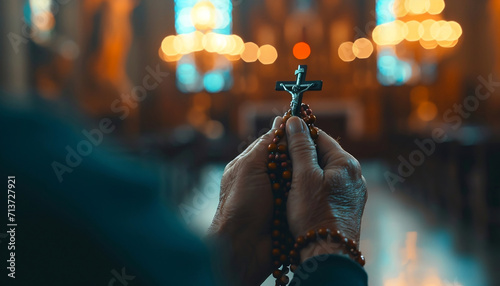 hands holding a rosary while praying photo