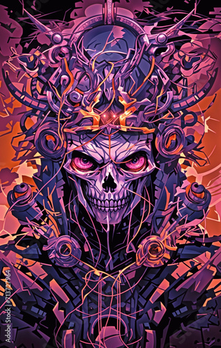 Intricately designed demonic skull mask illustration, colorful colors, Japanese culture, vivid illustration created by artificial intelligence, AI..