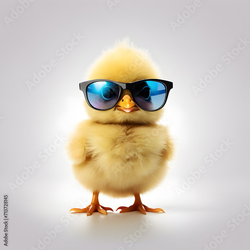 Cute Funny newborn chick and egg is wearing glass in party and Easter holiday isolated on white background