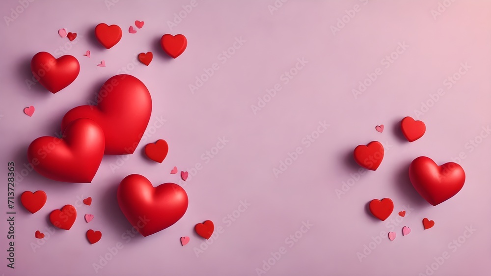 red hearts on pink background  top view. Saint Valentines day greeting card.