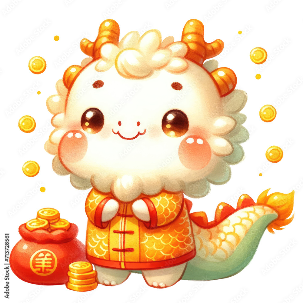 Naklejka premium A delightful illustration of a dragon mascot, dressed in traditional Chinese attire, celebrating the Lunar New Year.