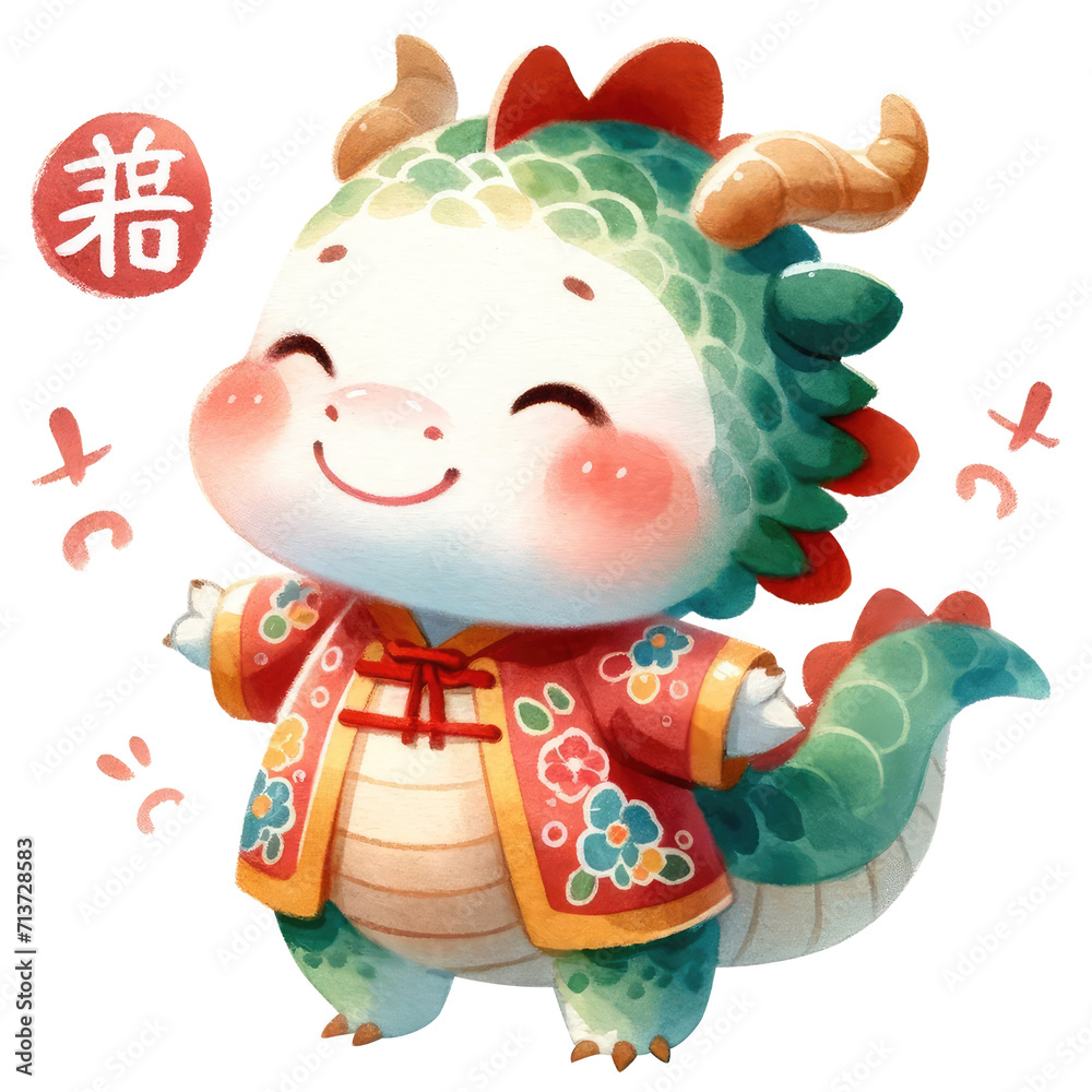 A delightful illustration of a dragon mascot, dressed in traditional Chinese attire, celebrating the Lunar New Year.