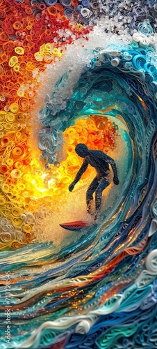 Quilled Surfer Carving Through a Fiery Wave