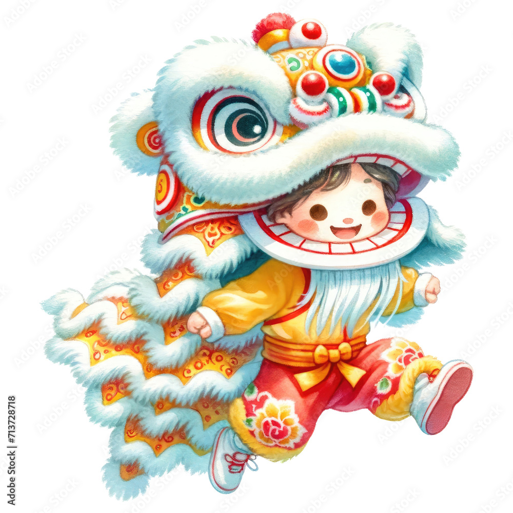 Vibrant illustration of a traditional Chinese lion dance costume, commonly seen in festivities and New Year celebrations.