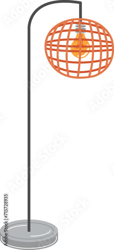 Orange mesh pendant lamp with modern design, minimalist standing floor lamp illustration. Interior lighting fixture, contemporary decor vector illustration.