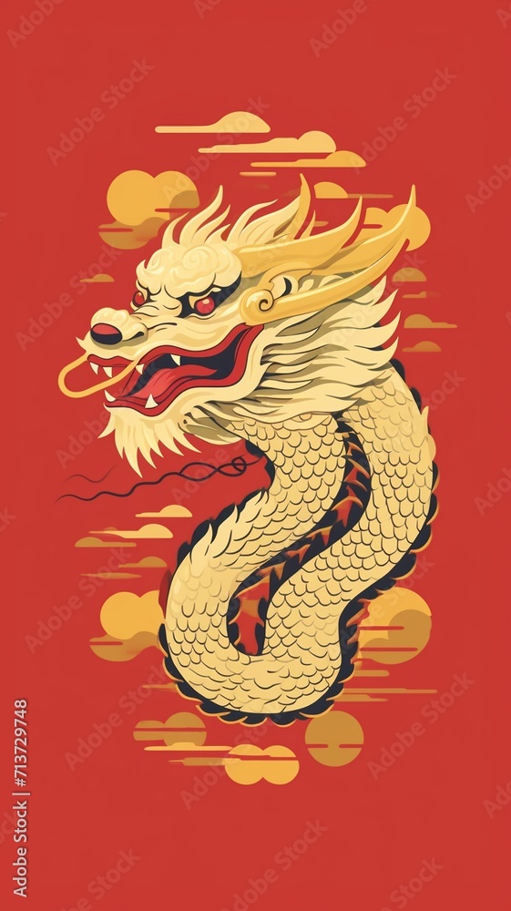 Light golden Chinese dragon, flat 2D style, minimalist style, generative ai