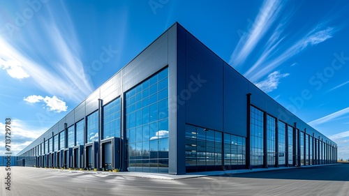 logistics center, headquarters or large office under a blue sky. AI generated