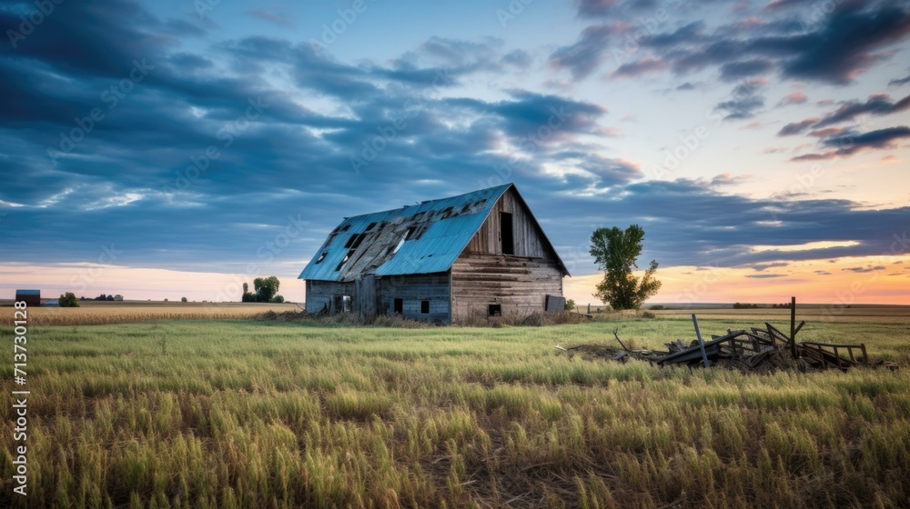 An old barn sits in the middle of a field. Generative AI.