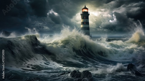 A lighthouse in the middle of a stormy ocean. Generative AI.
