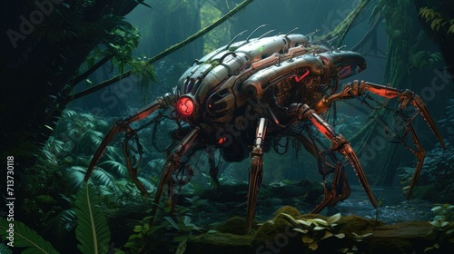 A giant spider in the jungle with plants and trees. Generative AI.