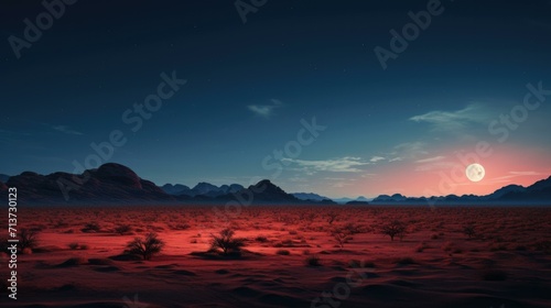 A desert landscape with a full moon in the sky. Generative AI.