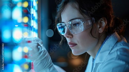 Personalized medicine specialist, medium close-up, analyzing genetic data, high-tech lab, late spring, clinical and focused lighting,generative ai © Suralai