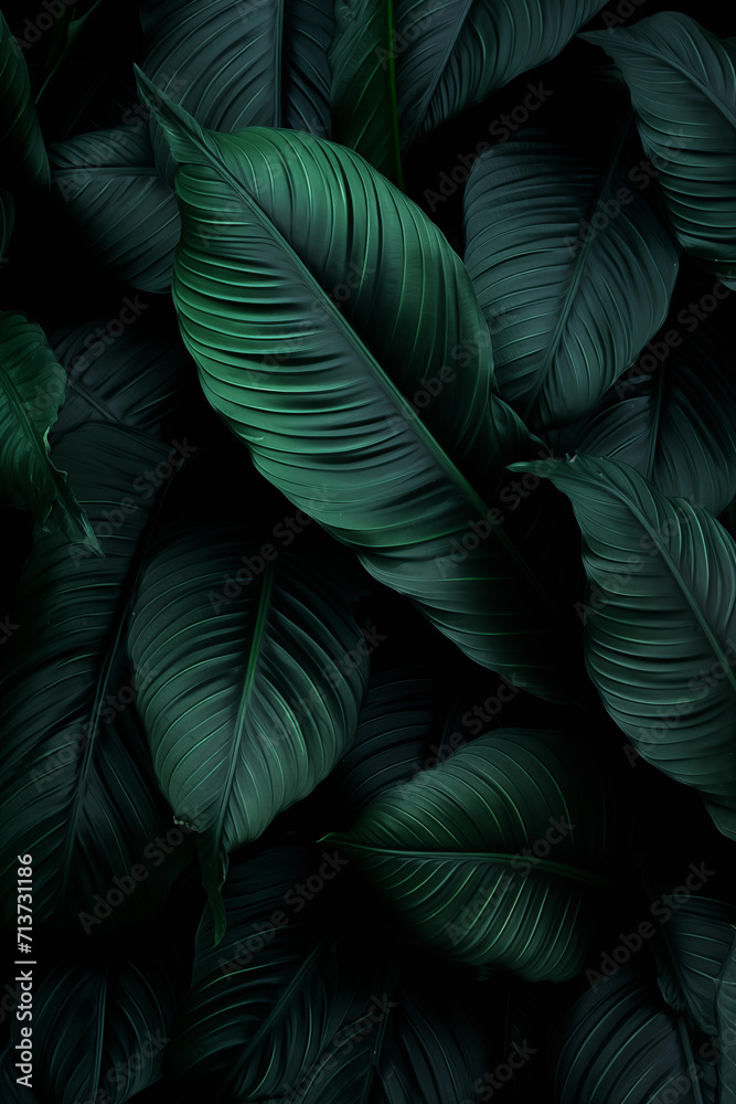 Close-up of Beautiful Dark Green Tropical Leaf Texture, Natural Background. Generative AI