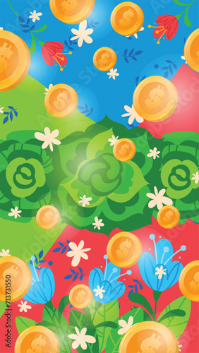 Gold coins falling on colorful landscape with red, green, and blue sections, and vibrant flowers. Wealth concept and nature prosperity vector illustration.