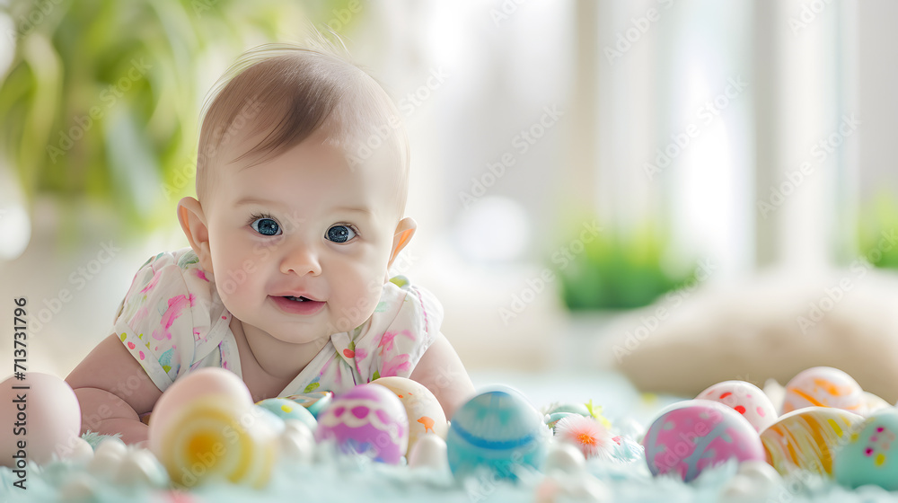 Happy baby and colorful easter eggs