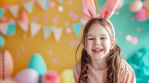 Happy little girl in bunny ear celebrating Easter festival