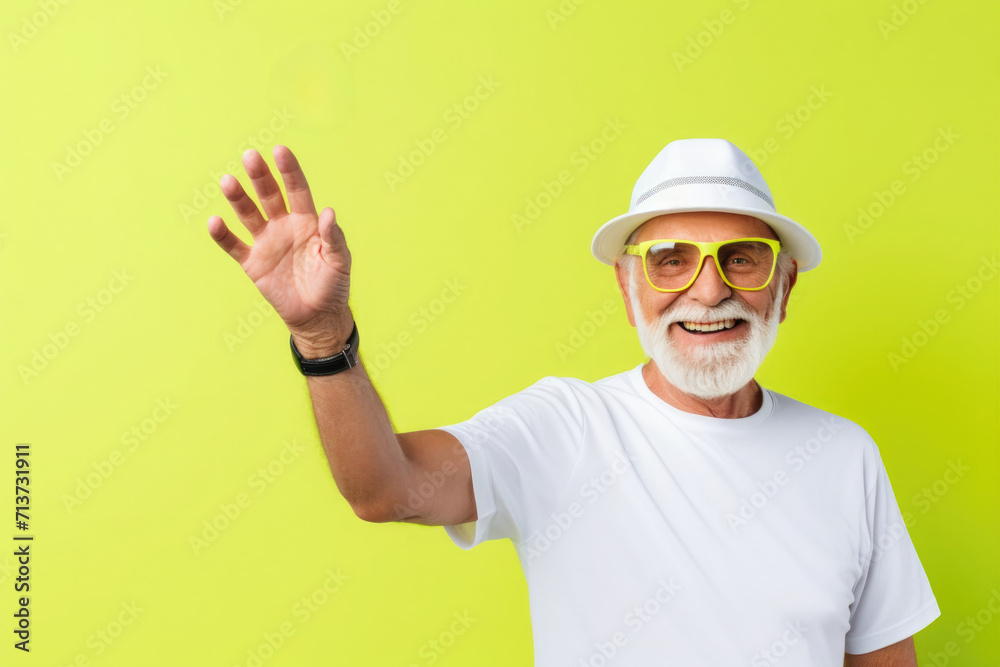 An elderly man wearing glasses and a hat raised his hand in greeting.