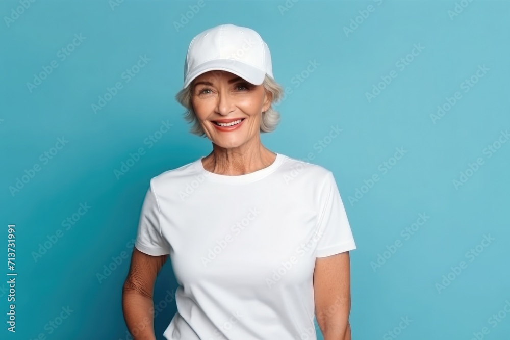 Portrait of an elderly woman In a white T-shirt and a white baseball cap Portrait of an elderly woman In a white T-shirt and a white baseball cap