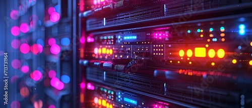 Web banner of glowing data cables transferring information inside computer server, internet connection concept,generative ai