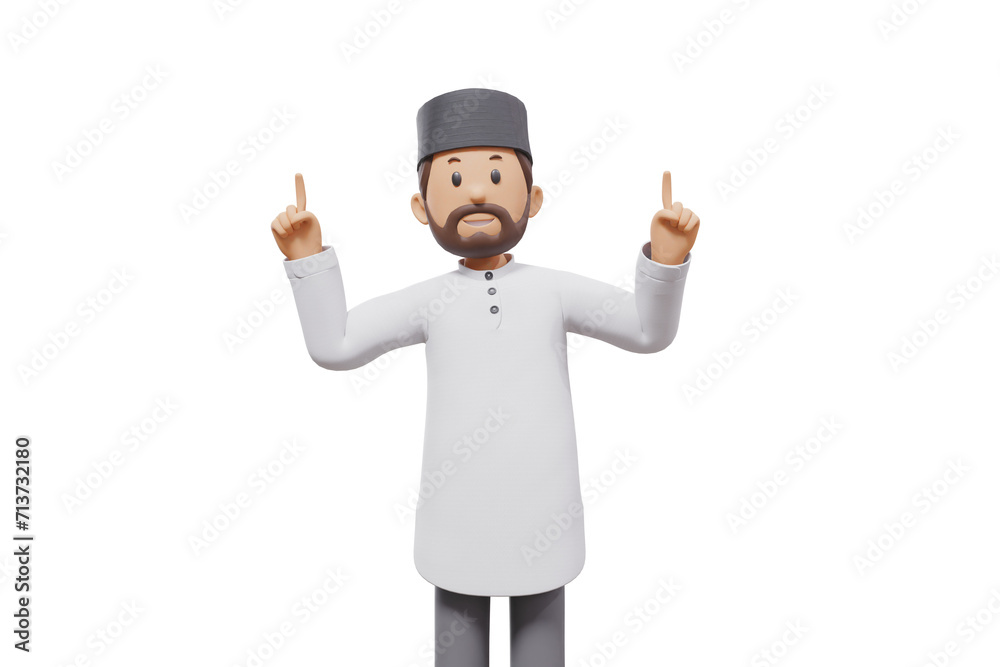 3d illustration of man muslim greeting, pointing and showing something at camera with transparent background 3d illustration of man muslim greeting, pointing and showing something at camera with transparent background