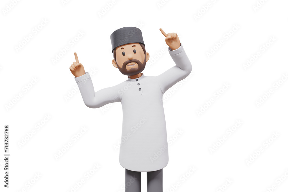 3d illustration of man muslim greeting, pointing and showing something at camera with transparent background 3d illustration of man muslim greeting, pointing and showing something at camera with transparent background