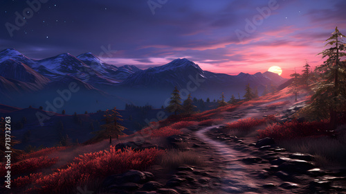 Mountains with a sunset sky and a river in the foreground,,
landscape during sunset nightcore high quality Free Photo photo