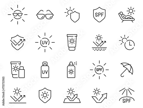 Set of Sun Protection Related Vector Line Icons. Contains such Icons as Sunscreen, Sunglasses, UV rays exposure time and more.