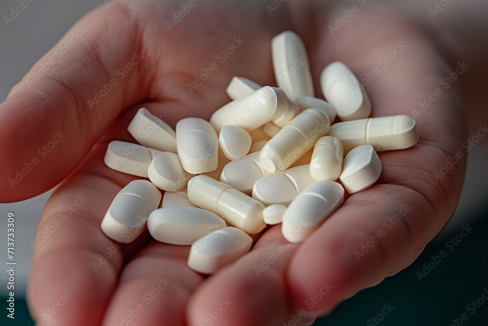 White medicine pills in hand on white background. Focus on foreground, soft bokeh. White medicine pills in hand on white background. Focus on foreground, soft bokeh.