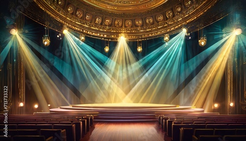 Podium with golden light lamps background. Golden light award stage with rays and sparks, Ai Generate 