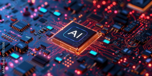 Artificial intelligence microchip with text "AI". CPU central processor unit chipset. AI chipset on circuit board. AI in a modern GPU card. Technology, neuronal network and AI concept