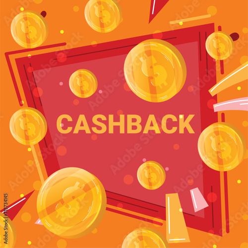 Bright cashback concept with golden coins and red banner. Finance reward program advertisement vector illustration.