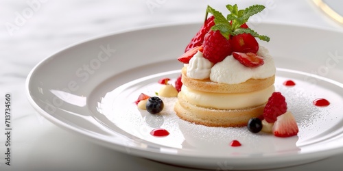 Exquisite Modern Style Dessert crafted by Renowned French Pastry Chef Elegantly presented on a Pristine White Plate Background created with Generative AI Technology