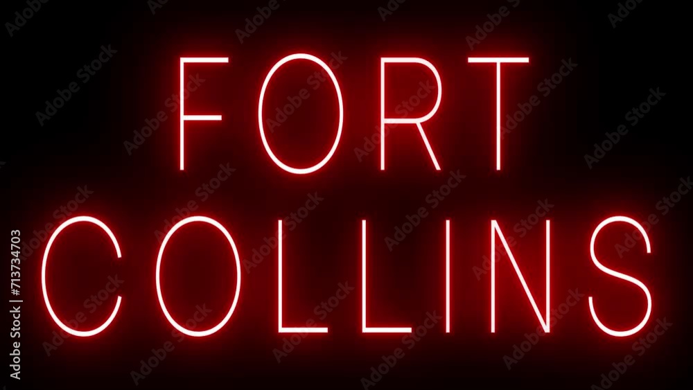 Flickering red retro style neon sign glowing against a black background for FORT COLLINS Flickering red retro style neon sign glowing against a black background for FORT COLLINS